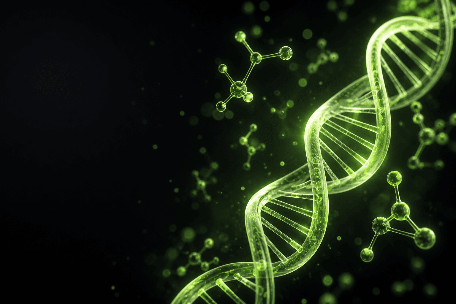 Abstract leaf-green DNA and molecules on a dark canvas